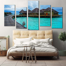 Load image into Gallery viewer, maldives sea canvas print beautiful blue sky ocean multi canvas artwork brown ocean wooden bridge water villa 5 piece canvas wall art For Your Bedroom
