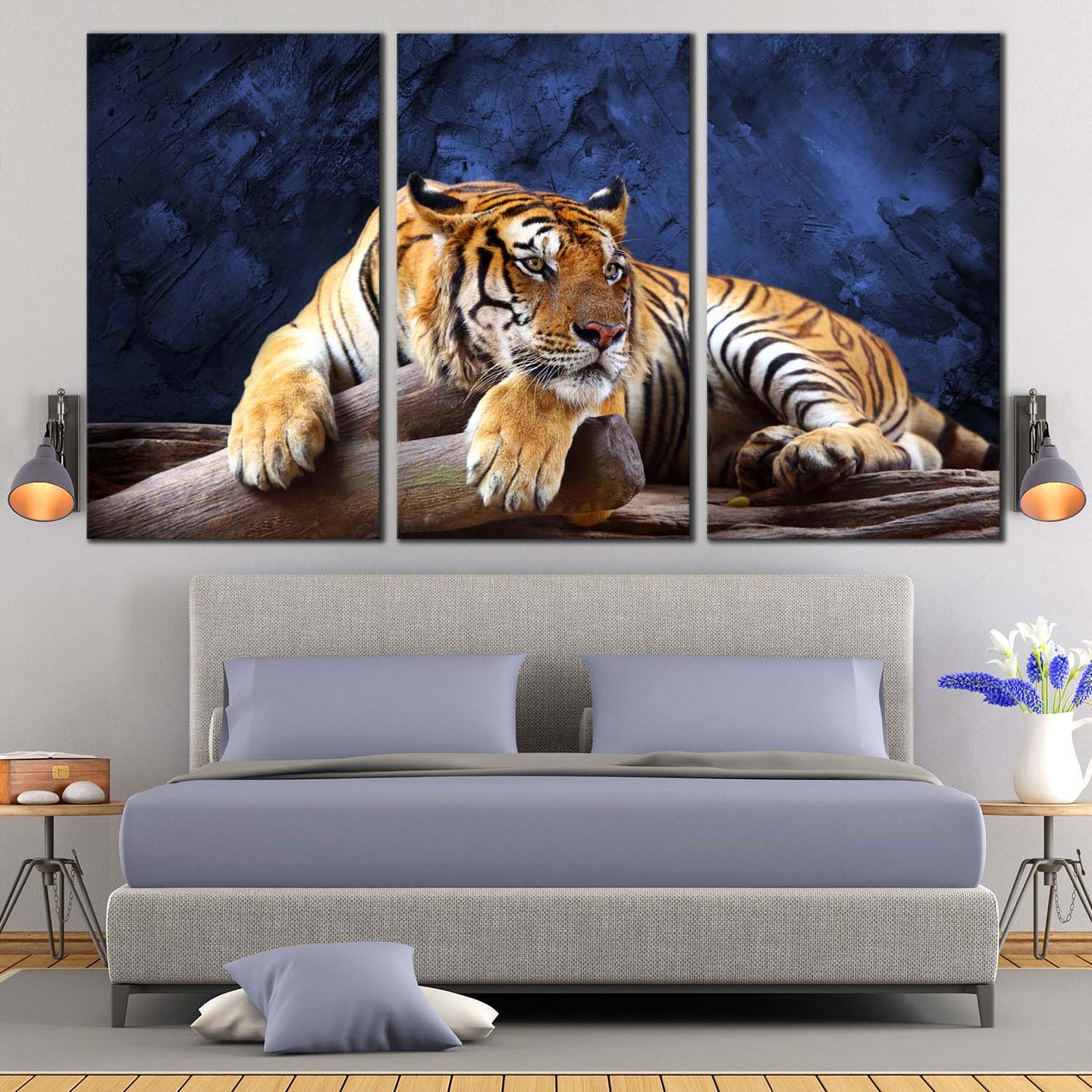 male tiger resting on tree log wall art For Bedroom
