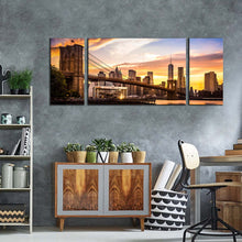 Load image into Gallery viewer, manhattan bridge canvas print brown new york cityscape multiple canvas brooklyn bridge yellow sunset sky 3 piece canvas wall art
