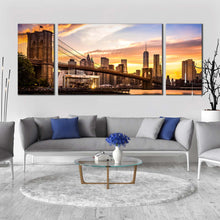 Load image into Gallery viewer, manhattan bridge canvas print brown new york cityscape multiple canvas brooklyn bridge yellow sunset sky 3 piece canvas wall art For Living Room
