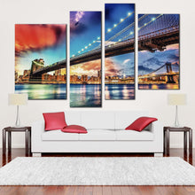 Load image into Gallery viewer, manhattan bridge canvas wall art brooklyn bridge nyc art print new york city blue red sky 4 piece multiple canvas in living room
