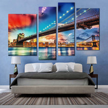 Load image into Gallery viewer, manhattan bridge canvas wall art brooklyn bridge nyc art print new york city blue red sky 4 piece multiple canvas for bedroom
