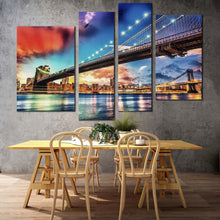 Load image into Gallery viewer, manhattan bridge canvas wall art brooklyn bridge nyc art print new york city blue red sky 4 piece multiple canvas
