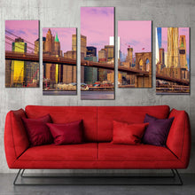 Load image into Gallery viewer, manhattan cityscape canvas print pink sky brooklyn bridge skyline multi canvas artwork brown new york city 5 piece canvas wall art For Your Living Room
