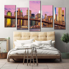 Load image into Gallery viewer, manhattan cityscape canvas print pink sky brooklyn bridge skyline multi canvas artwork brown new york city 5 piece canvas wall art In Bedroom
