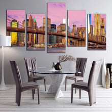 Load image into Gallery viewer, manhattan cityscape canvas print pink sky brooklyn bridge skyline multi canvas artwork brown new york city 5 piece canvas wall art For Dining Room
