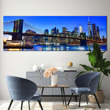 Load image into Gallery viewer, manhattan  cityscape  canvas  wall  art  black  brooklyn  bridge  city  reflection  panoramic  canvas  print  blue  sky  new  york  city  canvas  artwork In Living Room
