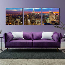 Load image into Gallery viewer, manhattan  cityscape  canvas  wall  art  brown  nyc  at  evening  triptych  canvas  print  blue  sky  new  york  city  3  piece  canvas For Living Room
