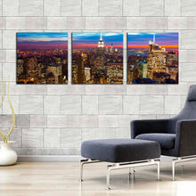 Load image into Gallery viewer, manhattan  cityscape  canvas  wall  art  brown  nyc  at  evening  triptych  canvas  print  blue  sky  new  york  city  3  piece  canvas In Living Room
