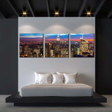 Load image into Gallery viewer, manhattan  cityscape  canvas  wall  art  brown  nyc  at  evening  triptych  canvas  print  blue  sky  new  york  city  3  piece  canvas For Bedroom
