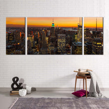 Load image into Gallery viewer, manhattan cityscape canvas wall art yellow sky city skyline 3 piece canvas set grey midtown manhattan new york city canvas print
