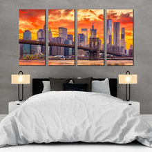 Load image into Gallery viewer, manhattan skyline canvas wall art brown downtown nyc 4 piece multiple canvas new york yellow orange sky canvas print For Your Bedroom
