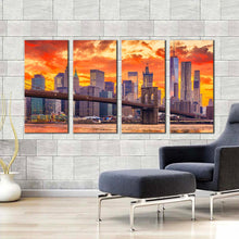 Load image into Gallery viewer, manhattan skyline canvas wall art brown downtown nyc 4 piece multiple canvas new york yellow orange sky canvas print In Living Room
