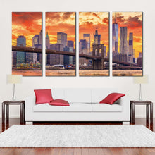 Load image into Gallery viewer, manhattan skyline canvas wall art brown downtown nyc 4 piece multiple canvas new york yellow orange sky canvas print For Living room
