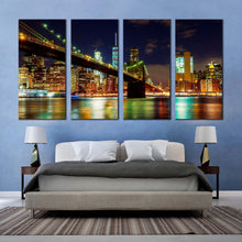 Load image into Gallery viewer, manhattan skyline canvas wall art colorful new york city lights 4 piece canvas print blue sky brooklyn bridge cityscape canvas set For Bedroom
