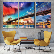 Load image into Gallery viewer, manhattan skyline canvas wall art new york cityscape digital painting 3 piece canvas print blue sky brooklyn bridge triptych canvas set In Living Room
