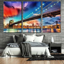 Load image into Gallery viewer, manhattan skyline canvas wall art new york cityscape digital painting 3 piece canvas print blue sky brooklyn bridge triptych canvas set In Bedroom
