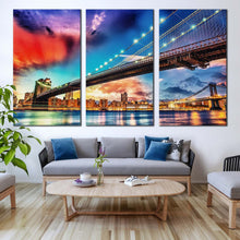 Load image into Gallery viewer, manhattan skyline canvas wall art new york cityscape digital painting 3 piece canvas print blue sky brooklyn bridge triptych canvas set For Living Room
