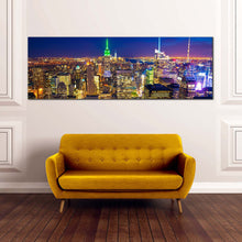 Load image into Gallery viewer, manhattan  skyline  canvas  wall  art  yellow  new  york  city  lights  1  piece  canvas  print  blue  sky  cityscape  canvas  artwork In Living Room
