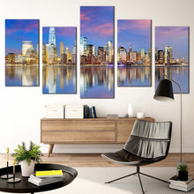 Load image into Gallery viewer, manhattan skyline canvas wall art yellow new york city multi canvas artwork downtown manhattan blue sky 5 piece canvas print For Living Room
