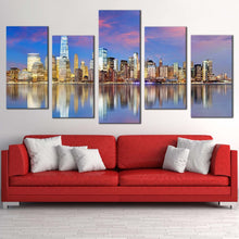 Load image into Gallery viewer, manhattan skyline canvas wall art yellow new york city multi canvas artwork downtown manhattan blue sky 5 piece canvas print In Living room
