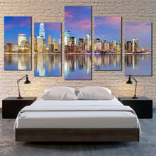 Load image into Gallery viewer, manhattan skyline canvas wall art yellow new york city multi canvas artwork downtown manhattan blue sky 5 piece canvas print For Bedroom
