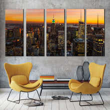 Load image into Gallery viewer, manhattan skyline canvas wall art yellow sky empire state building canvas print beautiful grey new york city 5 piece multi canvas artwork In Living room
