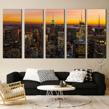 Load image into Gallery viewer, manhattan skyline canvas wall art yellow sky empire state building canvas print beautiful grey new york city 5 piece multi canvas artwork For Living Room
