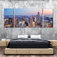 Load image into Gallery viewer, manhattan sunset canvas wall art blue nyc at dawn 3 piece canvas print yellow new york city skyline triptych multi canvas For Bedroom
