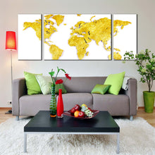 Load image into Gallery viewer, map continents canvas print white background yellow world map 3 piece multi canvas artwork gold abstract world triptych canvas wall art For Living Room
