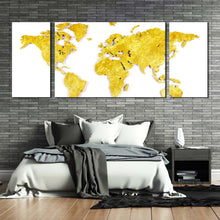 Load image into Gallery viewer, map continents canvas print white background yellow world map 3 piece multi canvas artwork gold abstract world triptych canvas wall art In Bedroom
