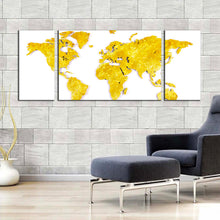 Load image into Gallery viewer, map continents canvas print white background yellow world map 3 piece multi canvas artwork gold abstract world triptych canvas wall art In Living room
