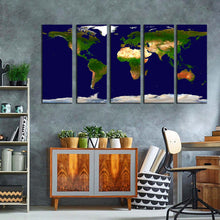 Load image into Gallery viewer, map continents detail world map digital painting 5 piece multiple canvas blue flat earth canvas set flat world multi canvas artwork
