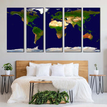 Load image into Gallery viewer, map continents detail world map digital painting 5 piece multiple canvas blue flat earth canvas set flat world multi canvas artwork In Bedroom
