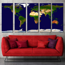 Load image into Gallery viewer, map continents detail world map digital painting 5 piece multiple canvas blue flat earth canvas set flat world multi canvas artwork For Living Room
