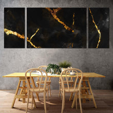 Load image into Gallery viewer, marble stone canvas wall art ceramic abstract art print black gold marble 3 piece canvas set In Dining Room
