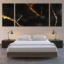 Load image into Gallery viewer, marble stone canvas wall art ceramic abstract art print black gold marble 3 piece canvas set For Bedroom
