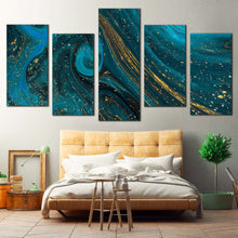 Load image into Gallery viewer, marble texture canvas wall art luxury abstract digital painting multi canvas artwork abstract blue gold fluid 5 piece canvas print For Your Bedroom
