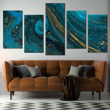 Load image into Gallery viewer, marble texture canvas wall art luxury abstract digital painting multi canvas artwork abstract blue gold fluid 5 piece canvas print In Living room
