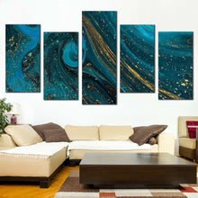 Load image into Gallery viewer, marble texture canvas wall art luxury abstract digital painting multi canvas artwork abstract blue gold fluid 5 piece canvas print For Living room
