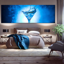 Load image into Gallery viewer, martini  glass  canvas  wall  art  blue  cocktail  splash  1  piece  canvas  print  white  cocktail  splashing  wide  canvas In Bedroom
