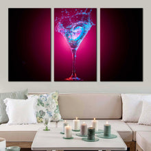 Load image into Gallery viewer, martini glass canvas wall art red alcohol glass isolated canvas print blue cocktail splashing 3 piece multi canvas artwork In Living Room
