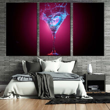 Load image into Gallery viewer, martini glass canvas wall art red alcohol glass isolated canvas print blue cocktail splashing 3 piece multi canvas artwork In Bedroom
