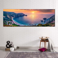 Load image into Gallery viewer, mediterranean  sea  canvas  wall  art  colorful  ionian  islands  panoramic  canvas  print  greece  yellow  sunset  petani  beach  canvas  artwork For Living Room

