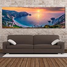Load image into Gallery viewer, mediterranean  sea  canvas  wall  art  colorful  ionian  islands  panoramic  canvas  print  greece  yellow  sunset  petani  beach  canvas  artwork In Living Room
