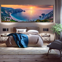 Load image into Gallery viewer, mediterranean  sea  canvas  wall  art  colorful  ionian  islands  panoramic  canvas  print  greece  yellow  sunset  petani  beach  canvas  artwork In Bedroom

