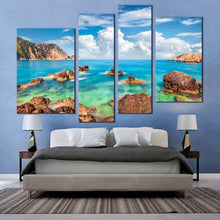 Load image into Gallery viewer, mediterranen sea canvas wall art brown ocean rocks petani beach canvas print green blue cephalonia island 4 piece multiple canvas for bedroom
