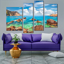 Load image into Gallery viewer, mediterranen sea canvas wall art brown ocean rocks petani beach canvas print green blue cephalonia island 4 piece multiple canvas for your living room 
