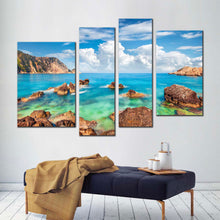 Load image into Gallery viewer, mediterranen sea canvas wall art brown ocean rocks petani beach canvas print green blue cephalonia island 4 piece multiple canvas
