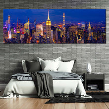 Load image into Gallery viewer, midtown  manhattan  canvas  print  empire  state  building  canvas  artwork  nyc  at  blue  night  1  piece  canvas  wall  art  yellow  city  lights  wide  canvas In Bedroom
